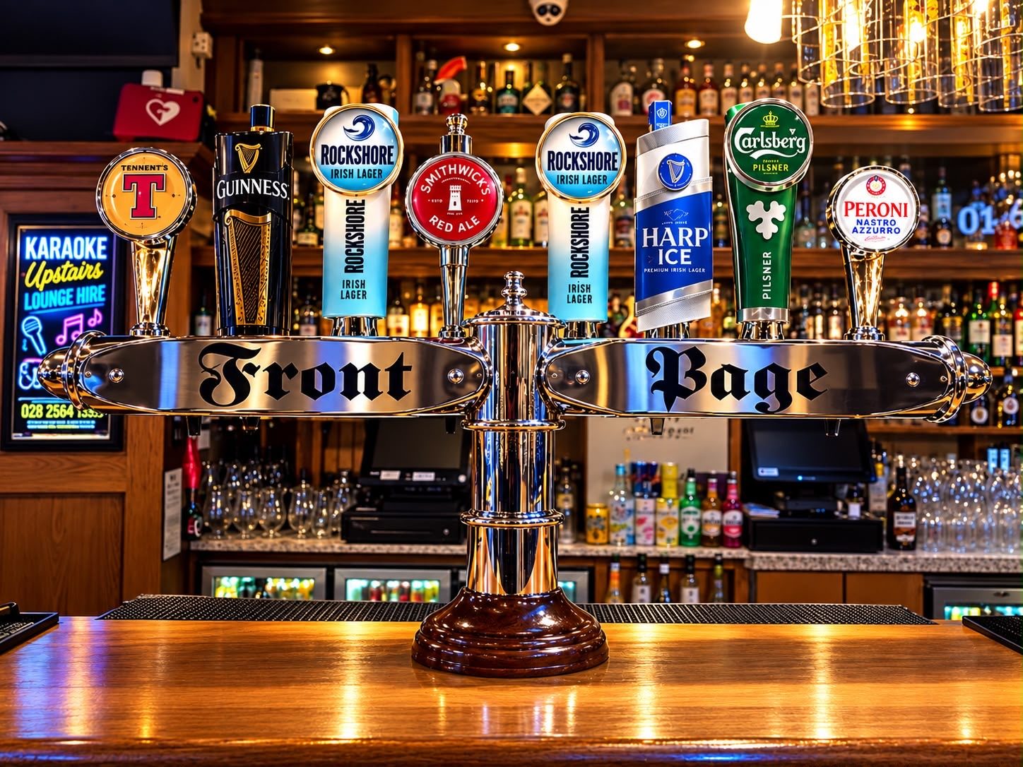 The beer taps on the bar at The Front Page, Ballymena, with Guinness, Tennent's, Rockshore, Smithwick's, Harp, Carlsberg and Peroni