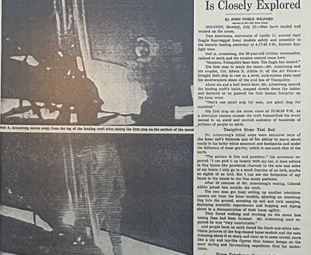 The New York Times moon landing front page, framed on the wall at The Front Page